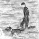 Surfer with dog - pencil drawing